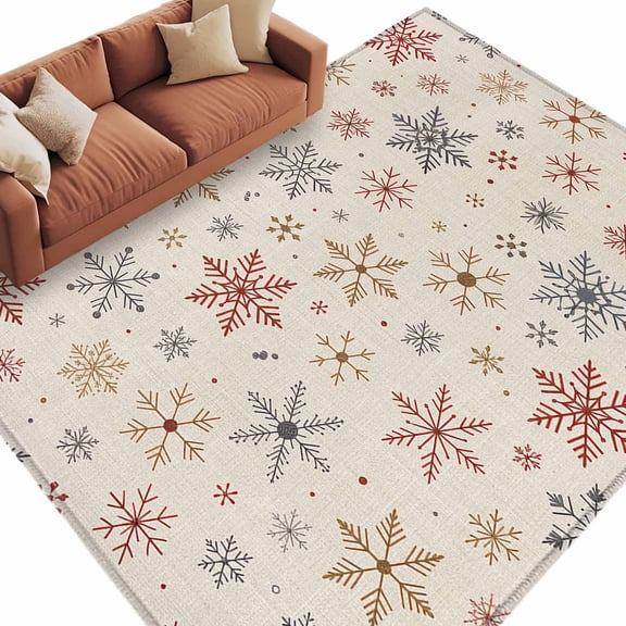 Area Rug 60×96in, Christmas Winter Snowflake on Burlap Floor Carpet Living Room Rug, Seamless Snow Texture Non-Slip Welcome Mat Indoor Rugs for Bedroom Dining Room