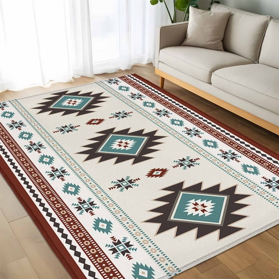 Area Rug 60×96in, Classic Aztec Pattern Floor Carpet Living Room Rug, Southwest Wind Bohemian Art Non-Slip Welcome Mat Indoor Rugs for Bedroom Dining Room