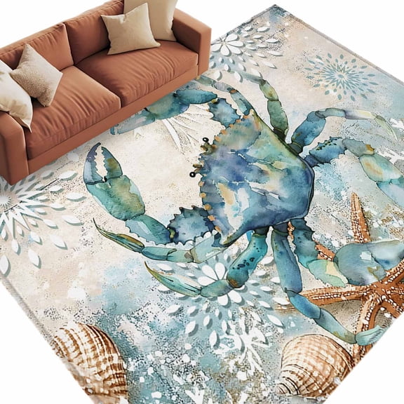Area Rug 60×96in, Coastal Crab Ocean Starfish Shell Floor Carpet Living Room Rug, Blue Gradient Retro Back Non-Slip Welcome Mat Indoor Rugs for Bedroom Dining Room
