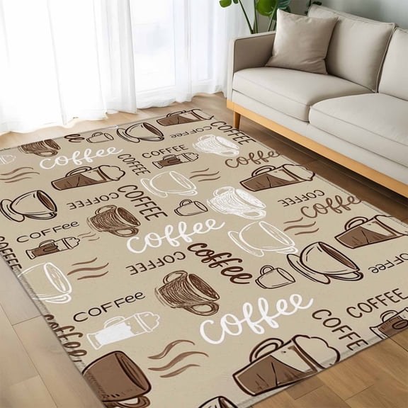 Area Rug 60×96in, Coffee Cup Cafe Retro Text Seamless Floor Carpet Living Room Rug, Abstract Graffiti Style Non-Slip Welcome Mat Indoor Rugs for Bedroom Dining Room