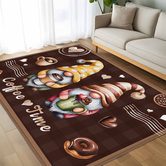 Area Rug 60×96in, Coffee Time Gnomes Floor Carpet Living Room Rug, Ququ Cookies Donut Dwarfs Non-Slip Welcome Mat Indoor Rugs for Bedroom Dining Room