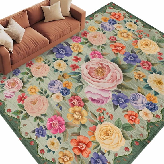 Area Rug 60×96in, Colorful Floral Pastoral Botanical Floor Carpet Living Room Rug, Green Wooden Palnk Non-Slip Welcome Mat Indoor Rugs for Bedroom Dining Room