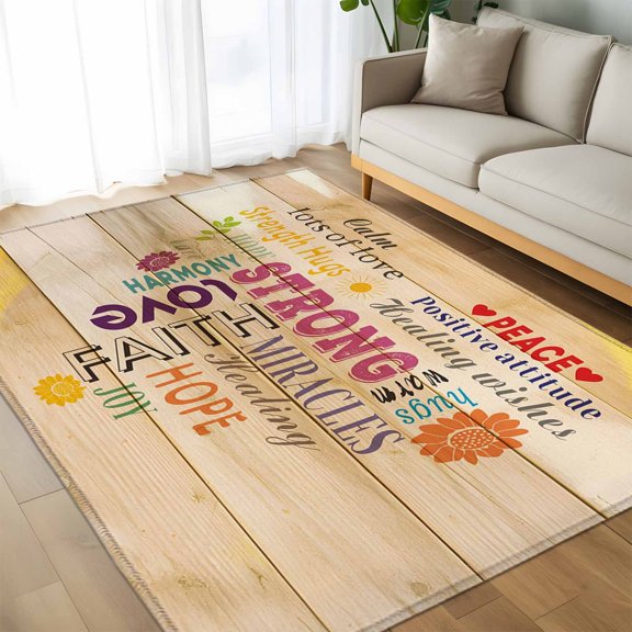 Area Rug 60×96in, Colorful Inspiration Quotes Love Heart Design Floor Carpet Living Room Rug, Wood Plank Non-Slip Welcome Mat Indoor Rugs for Bedroom Dining Room