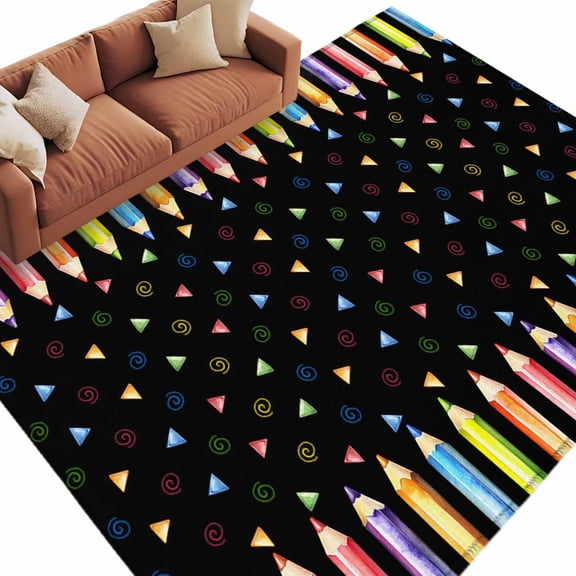 Area Rug 60×96in, Colorful Pencil Triangle Black Floor Carpet Living Room Rug, Back-to-school Season Non-Slip Welcome Mat Indoor Rugs for Bedroom Dining Room
