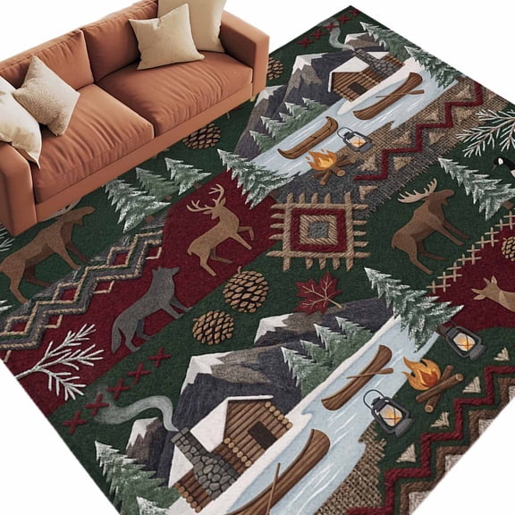 Area Rug 60×96in, Country Deer Pine Tree Campfire Floor Carpet Living Room Rug, Abstract Farm Scenery Non-Slip Welcome Mat Indoor Rugs for Bedroom Dining Room