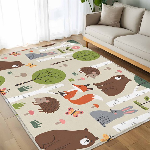 Area Rug 60×96in, Cute Bear Hedgehog Fox Floor Carpet Living Room Rug, Cartoon Tree Wild Flower Non-Slip Welcome Mat Indoor Rugs for Bedroom Dining Room
