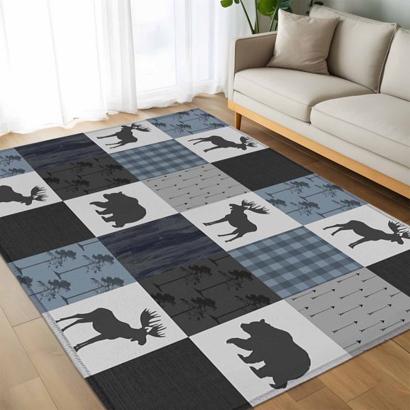 Area Rug 60×96in, Deer Bear Retro Grey Plaid Floor Carpet Living Room Rug, Forest Animal Shadow Non-Slip Welcome Mat Indoor Rugs for Bedroom Dining Room