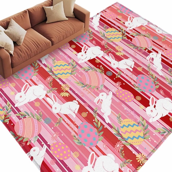 Area Rug 60×96in, Easter Egg Bunny Country Herb Floor Carpet Living Room Rug, White Rabbit Red Stripes Non-Slip Welcome Mat Indoor Rugs for Bedroom Dining Room