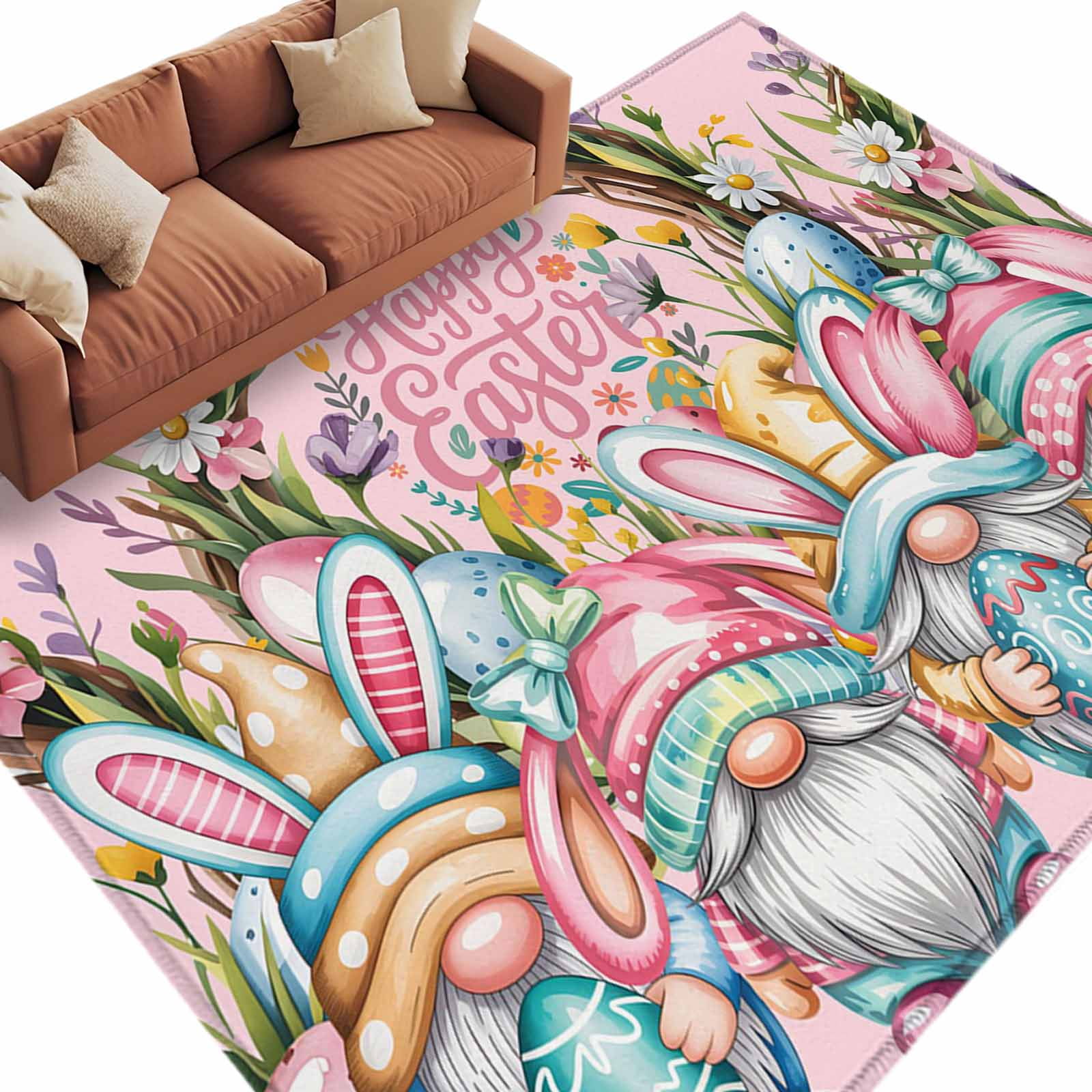 Easter Colors Rag Rug Area Rug 60×96in, Easter Egg Gnome Bunny Ears Floor Carpet Living Room ...