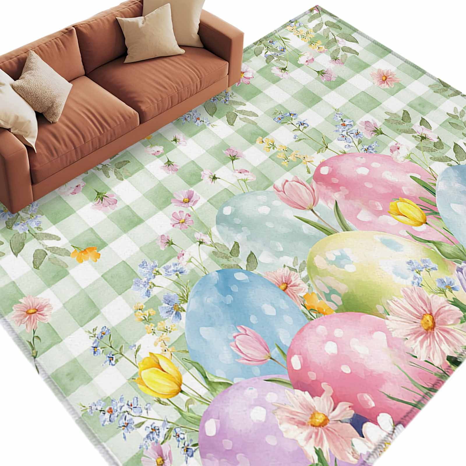 Easter Colors Rag Rug Area Rug 60×96in, Easter Egg Green Check Floor Carpet Living Room Rug ...
