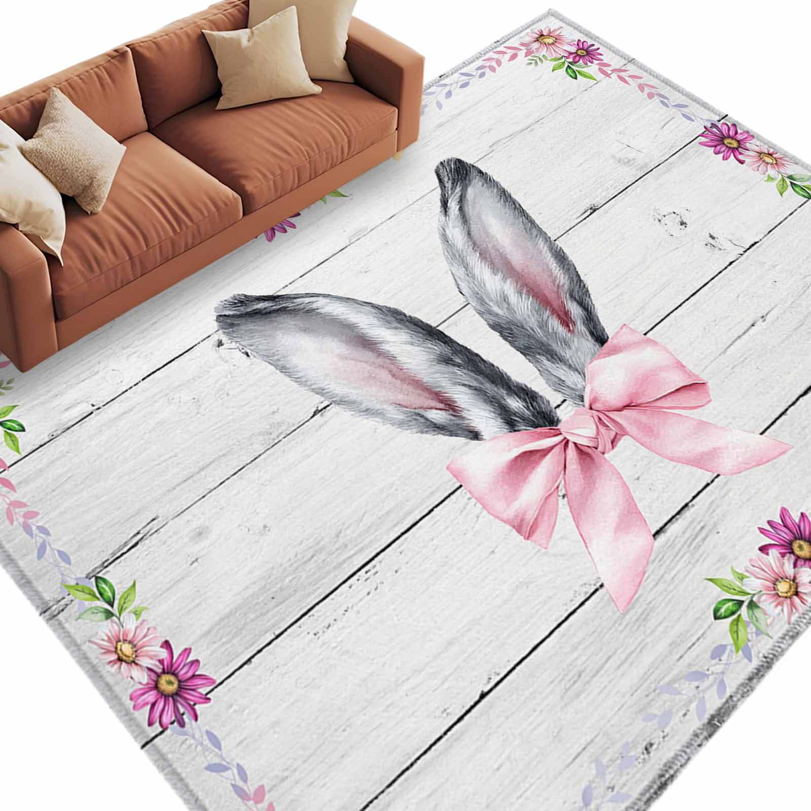 Pink Easter Rug Area Rug 60×96in, Easter Farm Rabbit Ears Pink Bow Floor Carpet Living ...