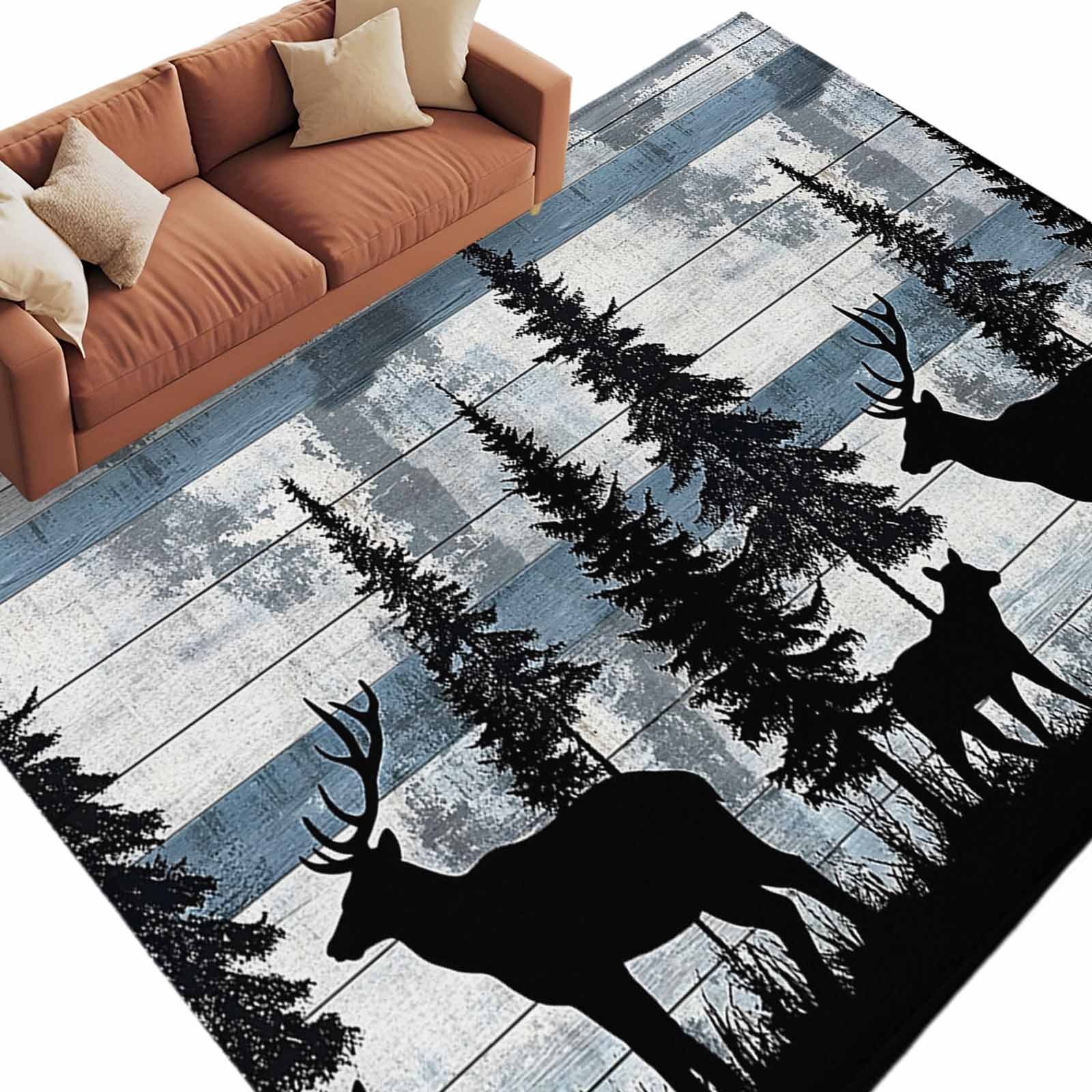 Rustic Elk Rugs Area Rug 60×96in, Elk Tree Jungle Black Silhouette Floor Carpet Living ...