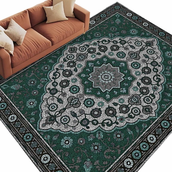 Area Rug 60×96in, Ethnic Flower Dark Green Gray Floor Carpet Living Room Rug, Retro Tribal Plant Pattern Non-Slip Welcome Mat Indoor Rugs for Bedroom Dining Room