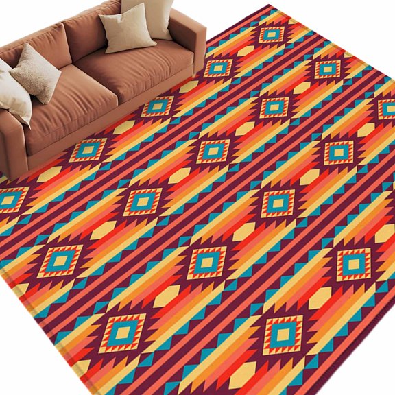 Area Rug 60×96in, Ethnic Tribal Texture Orange Teal Floor Carpet Living Room Rug, Native Geometric Art Non-Slip Welcome Mat Indoor Rugs for Bedroom Dining Room
