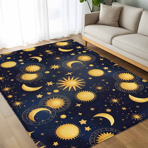 Area Rug 60×96in, Fantasy Galaxy Moon Sun Floor Carpet Living Room Rug, Cartoon Starry Night Non-Slip Welcome Mat Indoor Rugs for Bedroom Dining Room