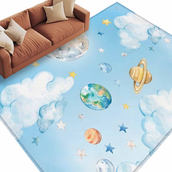 Area Rug 60×96in, Fantasy Universe Planet Cloud Floor Carpet Living Room Rug, Blue and Yellow Stars Non-Slip Welcome Mat Indoor Rugs for Bedroom Dining Room