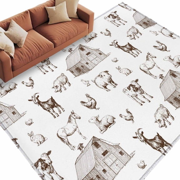 Area Rug 60×96in, Farm Cow Pig Chicken Goat Floor Carpet Living Room Rug, Farmhouse Barn Animal Non-Slip Welcome Mat Indoor Rugs for Bedroom Dining Room