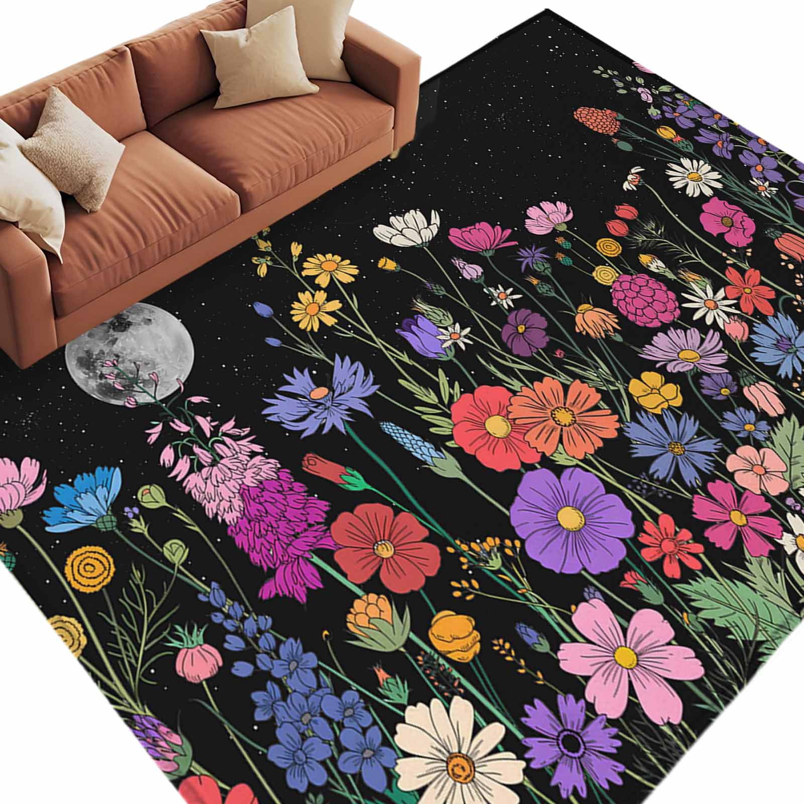 Farm Field Rug Area Rug 60×96in, Farm Field Colorful Flower Nightmoon Floor Carpet ...