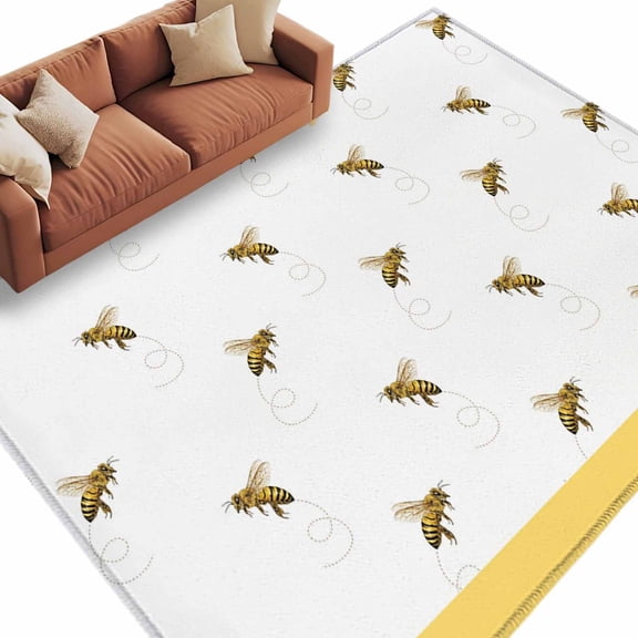Area Rug 60×96in, Farm Honey Bee Swirling Yellow Floor Carpet Living Room Rug, Rustic Seamless Insects Non-Slip Welcome Mat Indoor Rugs for Bedroom Dining Room