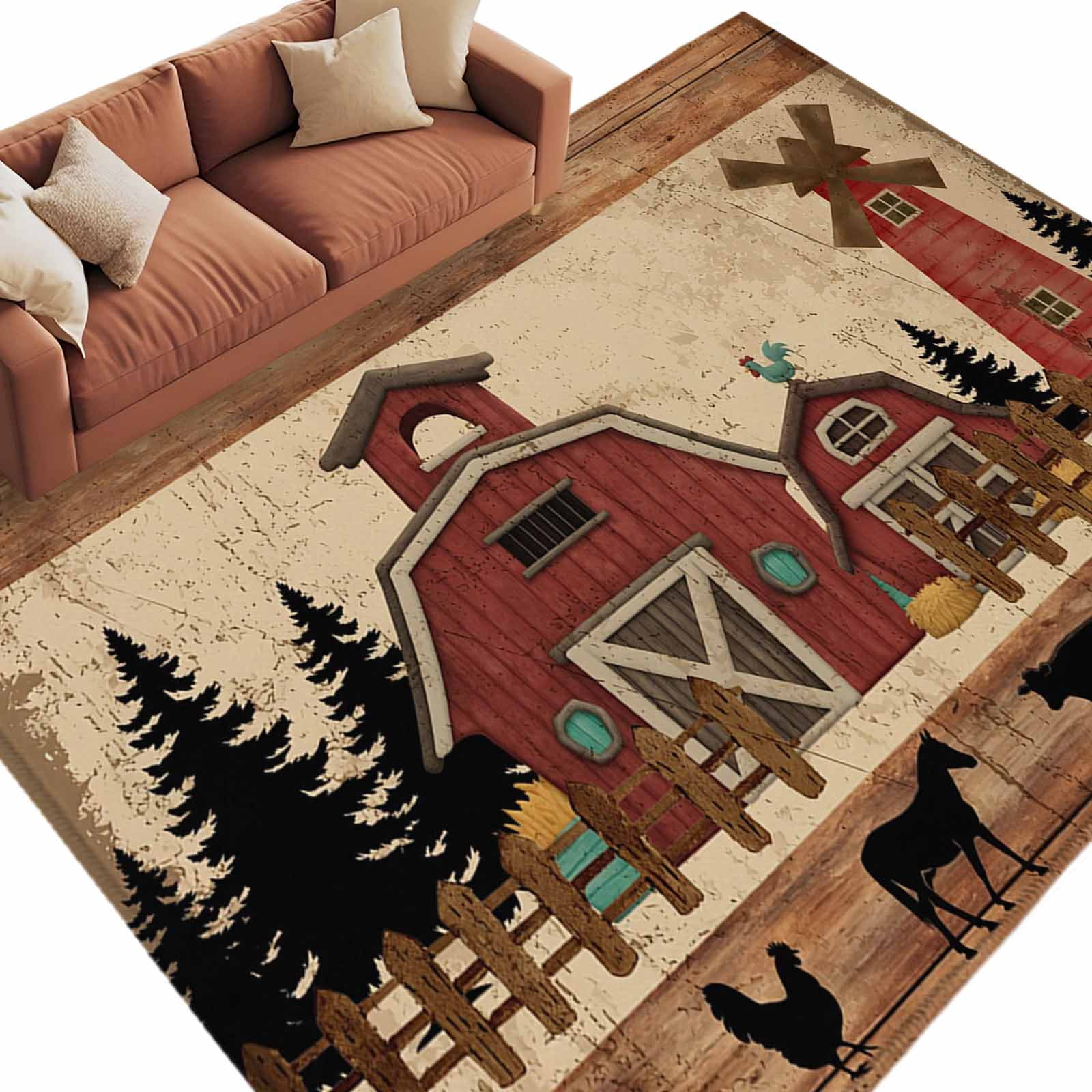 Chicken Area Rug Area Rug 60×96in, Farm House Windmills Barriers Floor Carpet Living ...