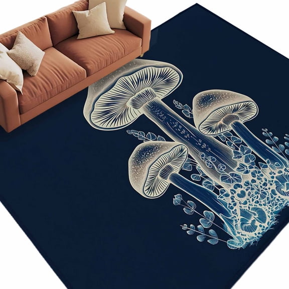 Area Rug 60×96in, Farm Mushroom Abstract Plants Floor Carpet Living Room Rug, Navy Blue Non-Slip Welcome Mat Indoor Rugs for Bedroom Dining Room