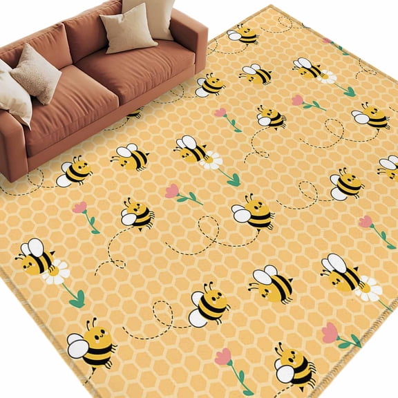 Area Rug 60×96in, Farm Seamless Bees Flower Floor Carpet Living Room Rug, Rustic Yellow Honeycomb Non-Slip Welcome Mat Indoor Rugs for Bedroom Dining Room