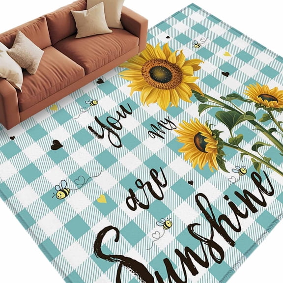 Area Rug 60×96in, Farm Sunflower Sunshine Word Floor Carpet Living Room Rug, Bees Floral Teal Checker Non-Slip Welcome Mat Indoor Rugs for Bedroom Dining Room