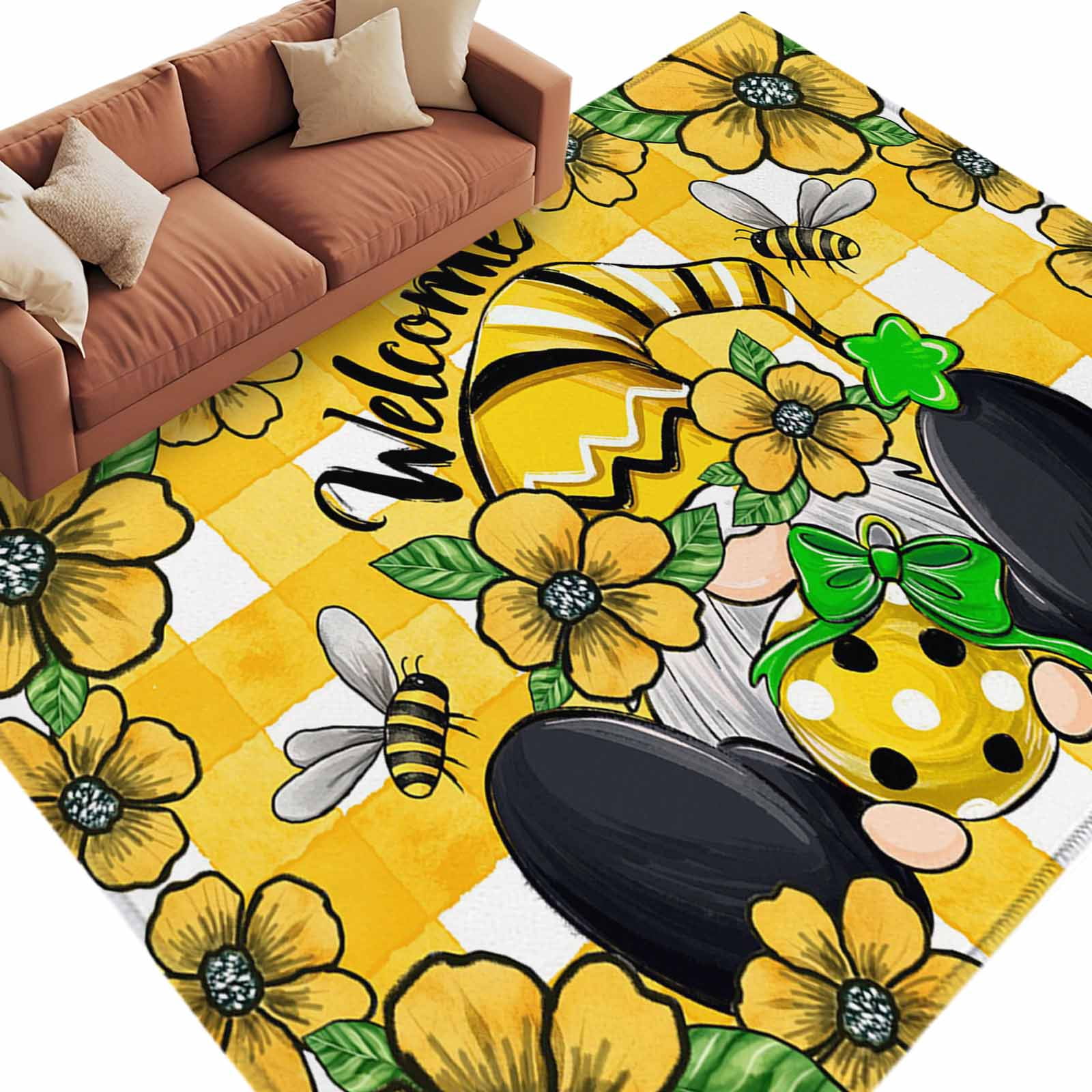 Area Rug 60×96in, Farm Yellow Flower Dwarf Bee Floor Carpet Living Room ...