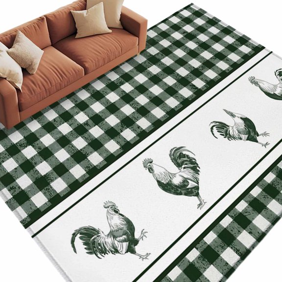 Area Rug 60×96in, Farmhouse Cock Green Checkered Floor Carpet Living Room Rug, Rustic Animal Buffalo Plaid Non-Slip Welcome Mat Indoor Rugs for Bedroom Dining Room