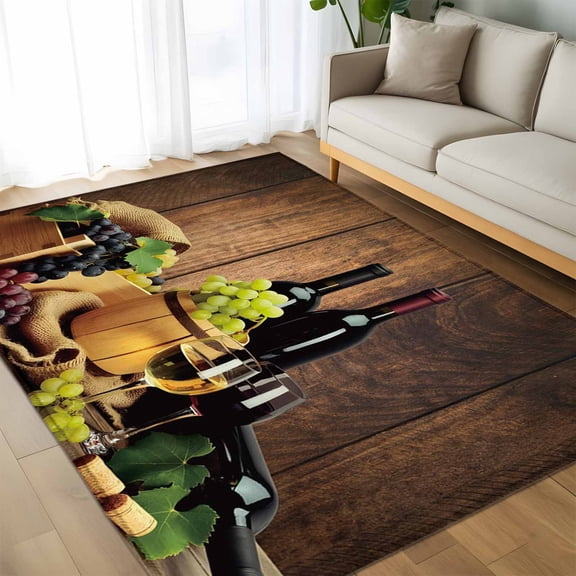 Area Rug 60×96in, Farmhouse Grapes Red Wines Floor Carpet Living Room Rug, Vintage Brown Wood Grain Non-Slip Welcome Mat Indoor Rugs for Bedroom Dining Room