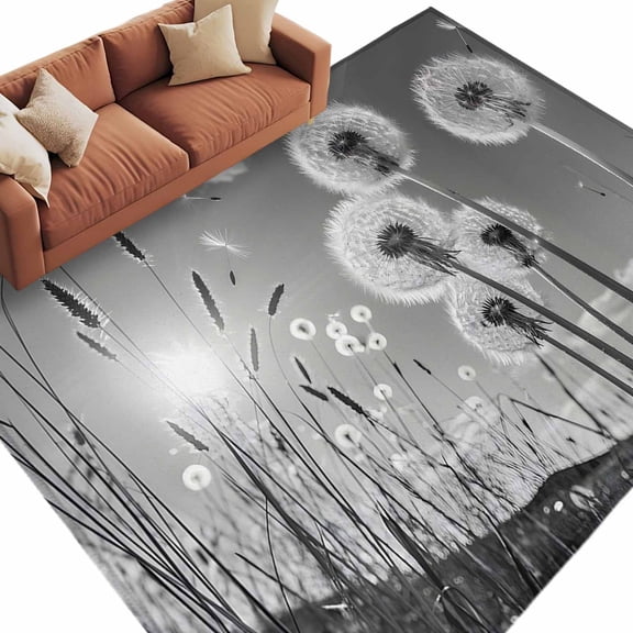 Area Rug 60×96in, Farmhouse Grey Field Dandelion Rural Plant Floor Carpet Living Room Rug, Idyllic Botanical Non-Slip Welcome Mat Indoor Rugs for Bedroom Dining Room