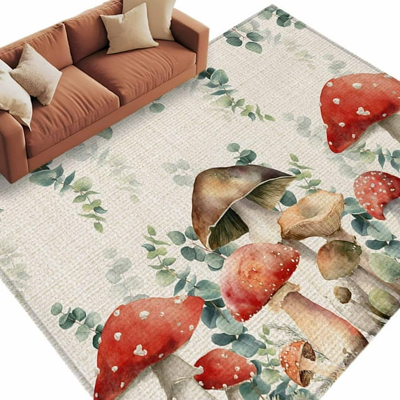 Area Rug 60×96in, Farmhouse Mushroom Eucalyptus Leaf Floor Carpet Living Room Rug, Country Plant Linen Texture Non-Slip Welcome Mat Indoor Rugs for Bedroom Dining Room