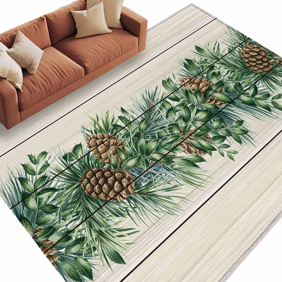 Area Rug 60×96in, Farmhouse Pine Needle Pinecone Floor Carpet Living Room Rug, Rustic Retro Wood Grain Non-Slip Welcome Mat Indoor Rugs for Bedroom Dining Room