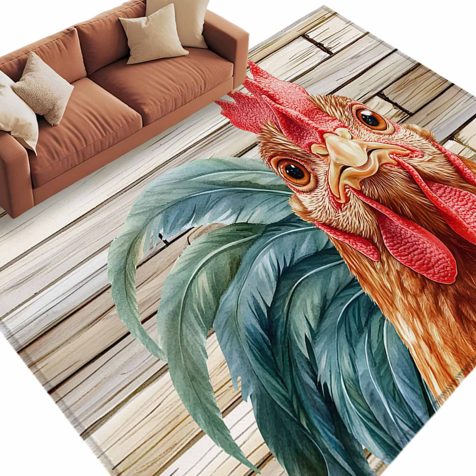 Rooster Rug Area Rug 60×96in, Farmhouse Rooster on Vintage Wood Floor Carpet Living ...