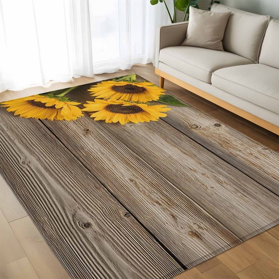 Area Rug 60×96in, Farmhouse Sunflower Retro Wood Floor Carpet Living Room Rug, Brown Wooden Plank Non-Slip Welcome Mat Indoor Rugs for Bedroom Dining Room