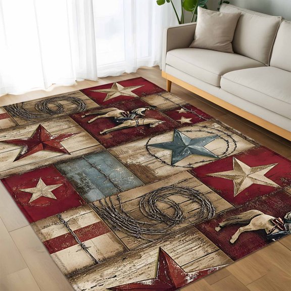 Area Rug 60×96in, Farmhouse Western Cowboy Vintage Wood Floor Carpet Living Room Rug, Rustic Stars Horse Non-Slip Welcome Mat Indoor Rugs for Bedroom Dining Room