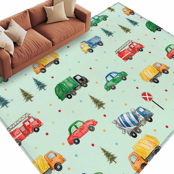 Area Rug 60×96in, Fire Trucks Engineering Vehicles Trees Cars Floor Carpet Living Room Rug, Wave Points Non-Slip Welcome Mat Indoor Rugs for Bedroom Dining Room