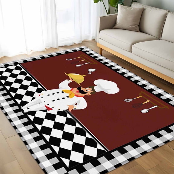 Area Rug 60×96in, Funny Chef Food Cutlery Floor Carpet Living Room Rug, Black White Plaid Dark Maroon Non-Slip Welcome Mat Indoor Rugs for Bedroom Dining Room