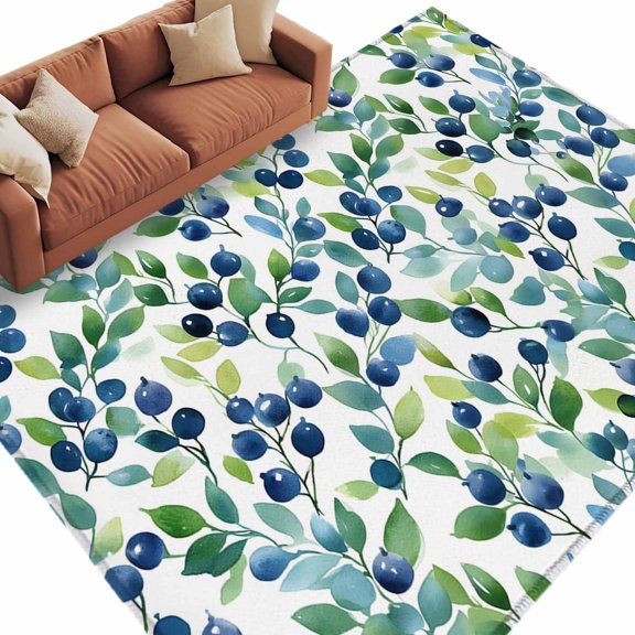 Area Rug 60×96in, Garden Plants Fruits Floor Carpet Living Room Rug, Blue Green Blueberry Botanical Leaves Non-Slip Welcome Mat Indoor Rugs for Bedroom Dining Room
