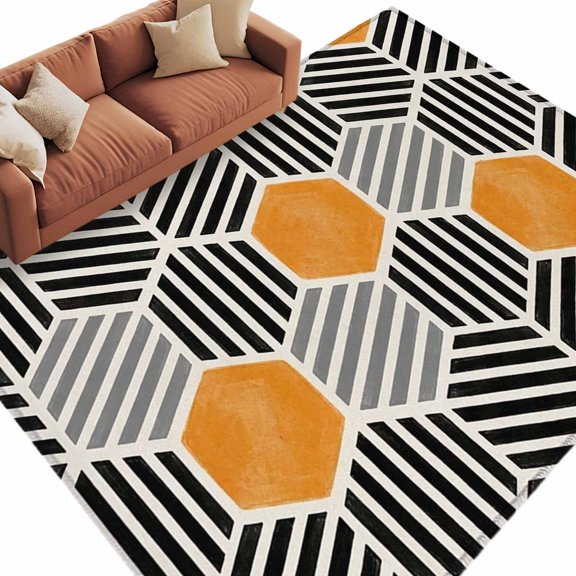 Area Rug 60×96in, Geometric Orange Black Hexagon Floor Carpet Living Room Rug, Modern Abstract Stripe Art Non-Slip Welcome Mat Indoor Rugs for Bedroom Dining Room