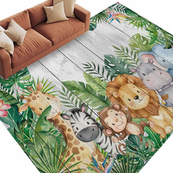 Area Rug 60×96in, Giraffe Zebra Monkey Lion Floor Carpet Living Room Rug, Animal Theme Tropical Plant Non-Slip Welcome Mat Indoor Rugs for Bedroom Dining Room