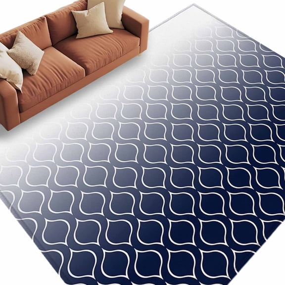 Area Rug 60×96in, Gradient Navy Blue White Grid Floor Carpet Living Room Rug, Geometric Minimalist Style Non-Slip Welcome Mat Indoor Rugs for Bedroom Dining Room