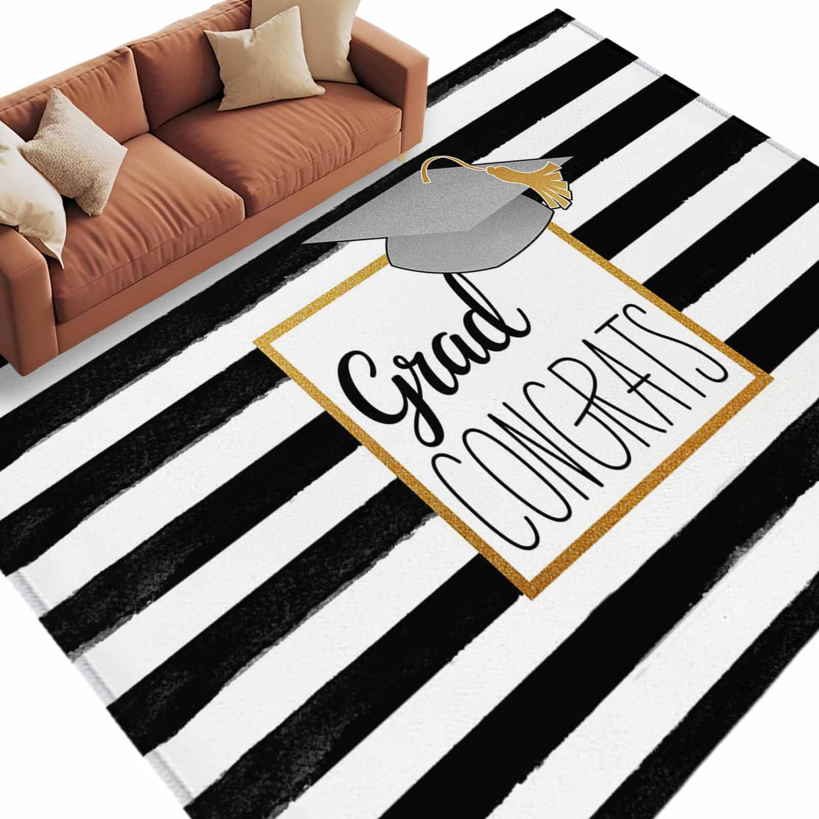 Area Rug 60×96in, Graduation Hat Golden Lines Border Floor Carpet ...