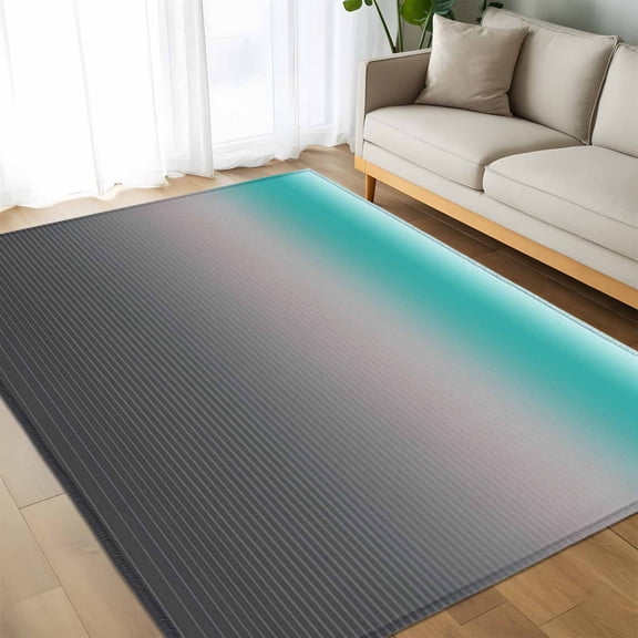 Area Rug 60×96in, Gray Gradient Stripe Teal Ombre Floor Carpet Living Room Rug, Turquoise Abstract Geometric Non-Slip Welcome Mat Indoor Rugs for Bedroom Dining Room
