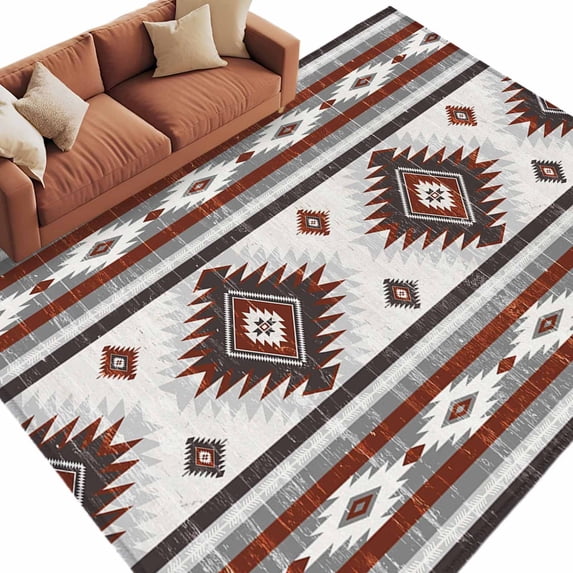 Area Rug 60×96in, Gray Red Boho Aztec Geometric Floor Carpet Living Room Rug, Abstract Ethnic Wind Non-Slip Welcome Mat Indoor Rugs for Bedroom Dining Room