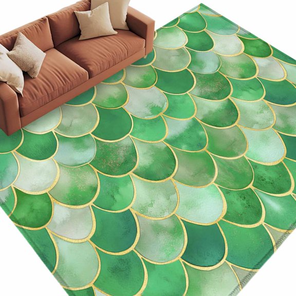 Area Rug 60×96in, Green Mermaid Scales Floor Carpet Living Room Rug, Abstract Gold Wave Line Non-Slip Welcome Mat Indoor Rugs for Bedroom Dining Room