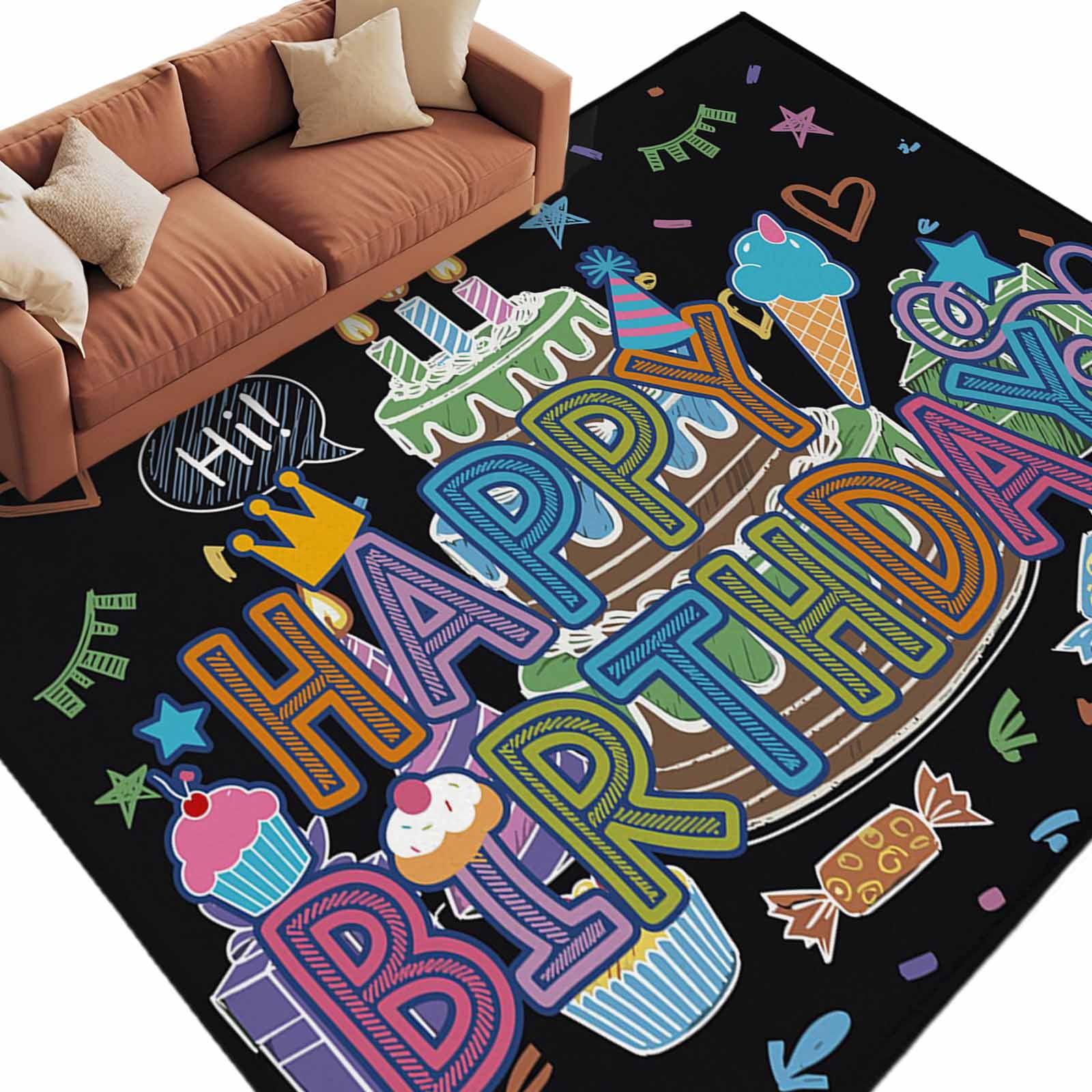 Greetings Rug Area Rug 60×96in, Happy Birthday Words Floor Carpet Living Room Rug ...