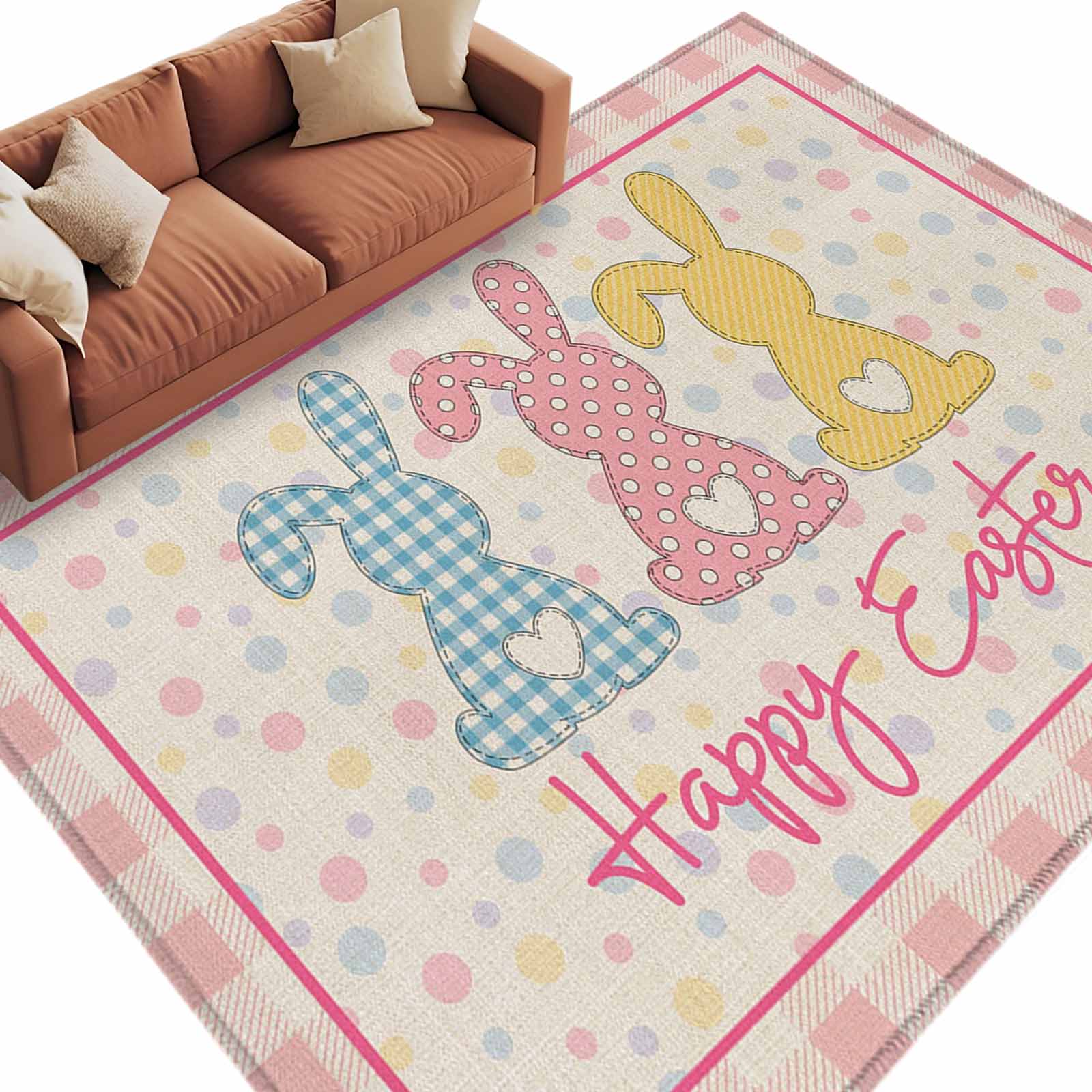 Pink Easter Rug Area Rug 60×96in, Happy Easter Cute Rabbit Heart Floor Carpet Living ...