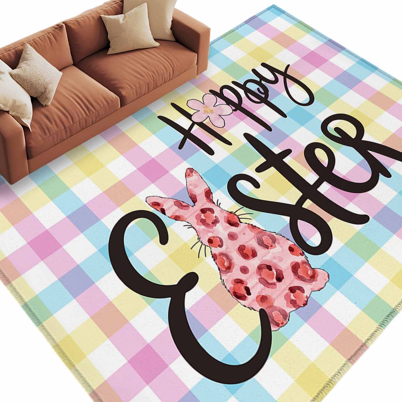 Pink Easter Rug Area Rug 60×96in, Happy Easter Pink Rabbit Silhouette Floor Carpet ...