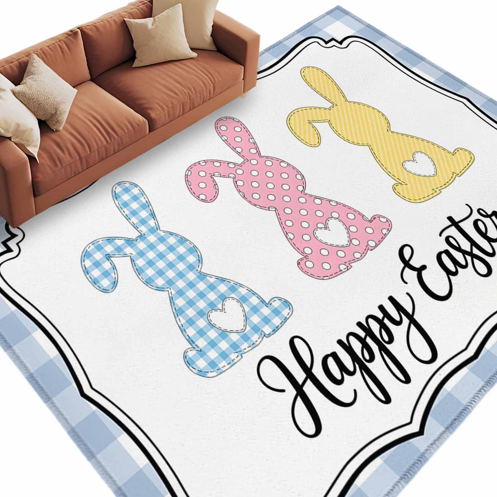 Pink Easter Rug Area Rug 60×96in, Happy Easter Yellow Pink Bunny Floor Carpet Living ...